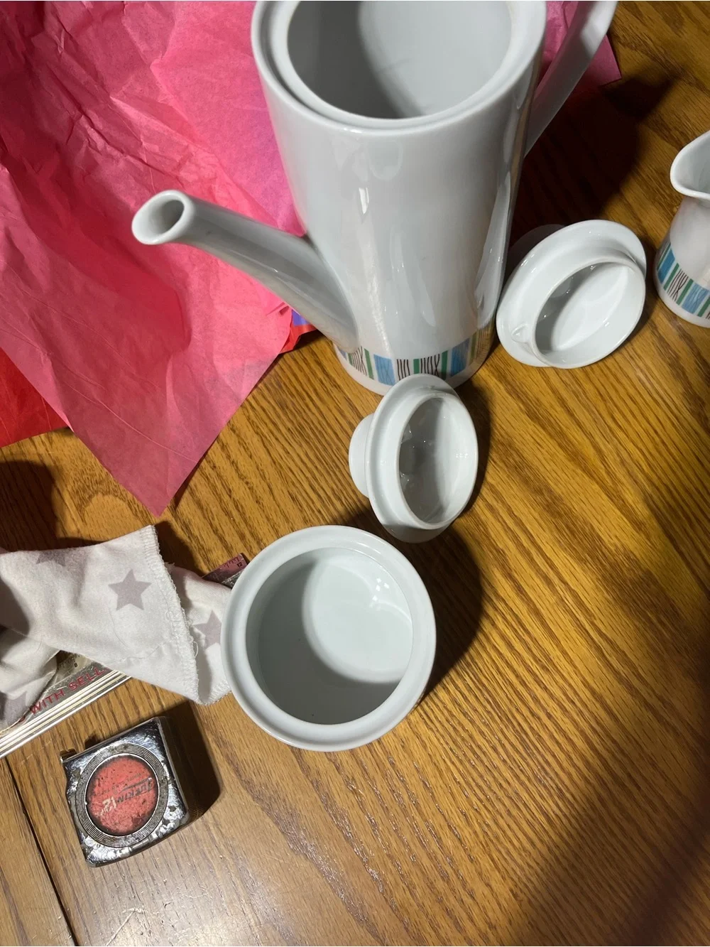 White Ceramic Coffee Set with Blue & Green Stripe Accent. MCM